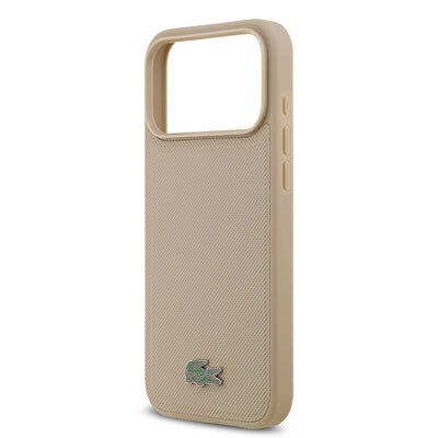 Apple iPhone 17 Pro Max Kılıf Lacoste Orjinal Lisanslı M-safe Şarj Özellikli PU Pike Desenli Metal Logolu Kartlıklı Kapak Bej