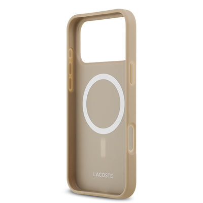 Apple iPhone 17 Pro Max Kılıf Lacoste Orjinal Lisanslı M-safe Şarj Özellikli PU Pike Desenli Metal Logolu Kartlıklı Kapak Bej