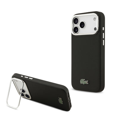 Apple iPhone 17 Pro Max Kılıf Lacoste Orjinal Lisanslı M-safe Şarj Özellikli PU Pike Desenli Standlı Metal Logolu Kapak Siyah
