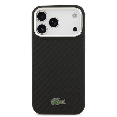 Apple iPhone 17 Pro Max Kılıf Lacoste Orjinal Lisanslı M-safe Şarj Özellikli PU Pike Desenli Standlı Metal Logolu Kapak Siyah