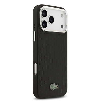Apple iPhone 17 Pro Max Kılıf Lacoste Orjinal Lisanslı M-safe Şarj Özellikli PU Pike Desenli Standlı Metal Logolu Kapak Siyah