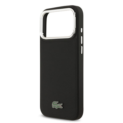 Apple iPhone 17 Pro Max Kılıf Lacoste Orjinal Lisanslı M-safe Şarj Özellikli PU Pike Desenli Standlı Metal Logolu Kapak Siyah