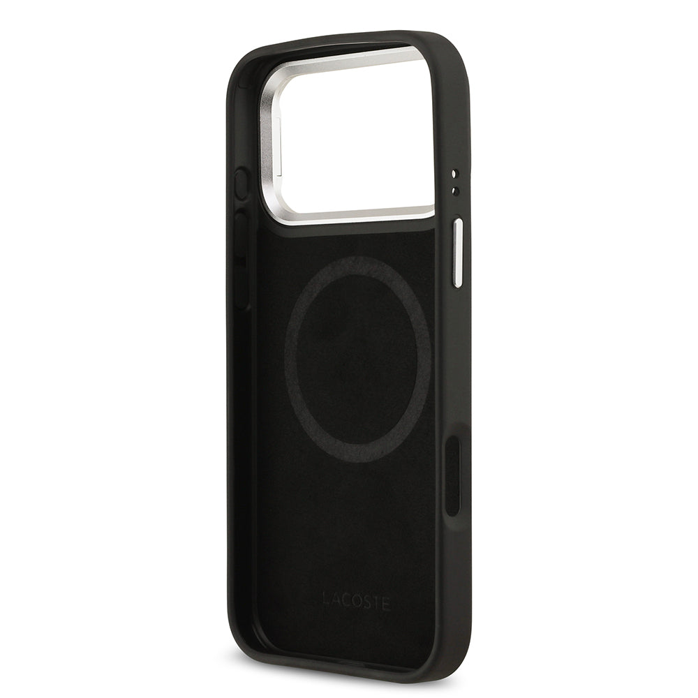 iPhone 17 Pro Max Kılıf Lacoste Orjinal Lisanslı M-safe Şarj Özellikli PU Pike Desenli Standlı Metal Logolu Kılıf