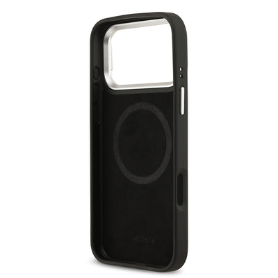 Apple iPhone 17 Pro Max Kılıf Lacoste Orjinal Lisanslı M-safe Şarj Özellikli PU Pike Desenli Standlı Metal Logolu Kapak Siyah