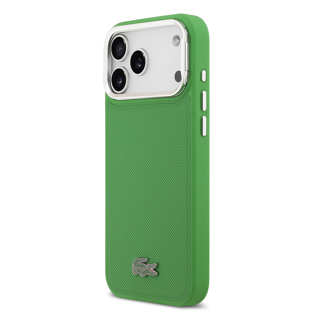 Apple iPhone 17 Pro Max Kılıf Lacoste Orjinal Lisanslı M-safe Şarj Özellikli PU Pike Desenli Standlı Metal Logolu Kapak Bej