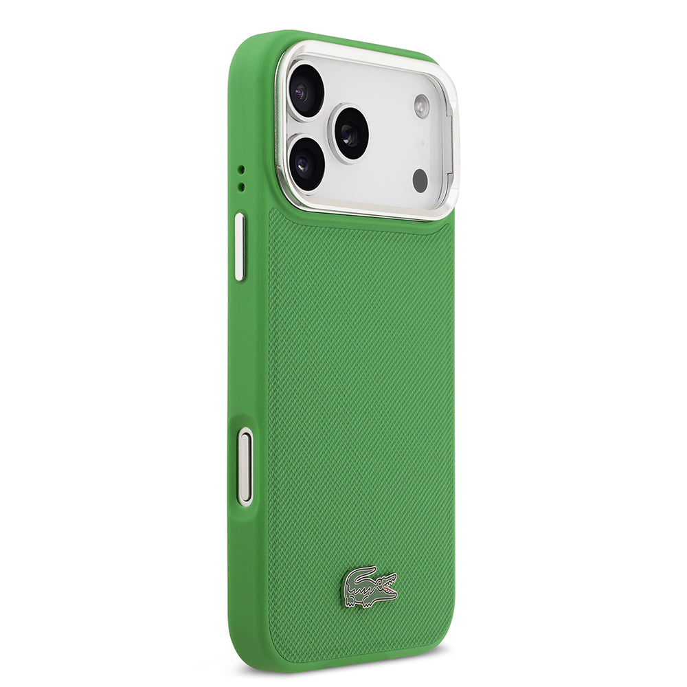 Apple iPhone 17 Pro Max Kılıf Lacoste Orjinal Lisanslı M-safe Şarj Özellikli PU Pike Desenli Standlı Metal Logolu Kapak Bej