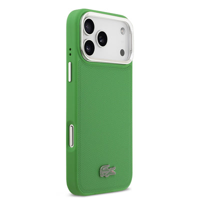 Apple iPhone 17 Pro Max Kılıf Lacoste Orjinal Lisanslı M-safe Şarj Özellikli PU Pike Desenli Standlı Metal Logolu Kapak Koyu Yeşil