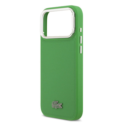 Apple iPhone 17 Pro Max Kılıf Lacoste Orjinal Lisanslı M-safe Şarj Özellikli PU Pike Desenli Standlı Metal Logolu Kapak Koyu Yeşil