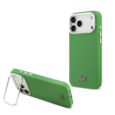 Apple iPhone 17 Pro Max Kılıf Lacoste Orjinal Lisanslı M-safe Şarj Özellikli PU Pike Desenli Standlı Metal Logolu Kapak Yeşil