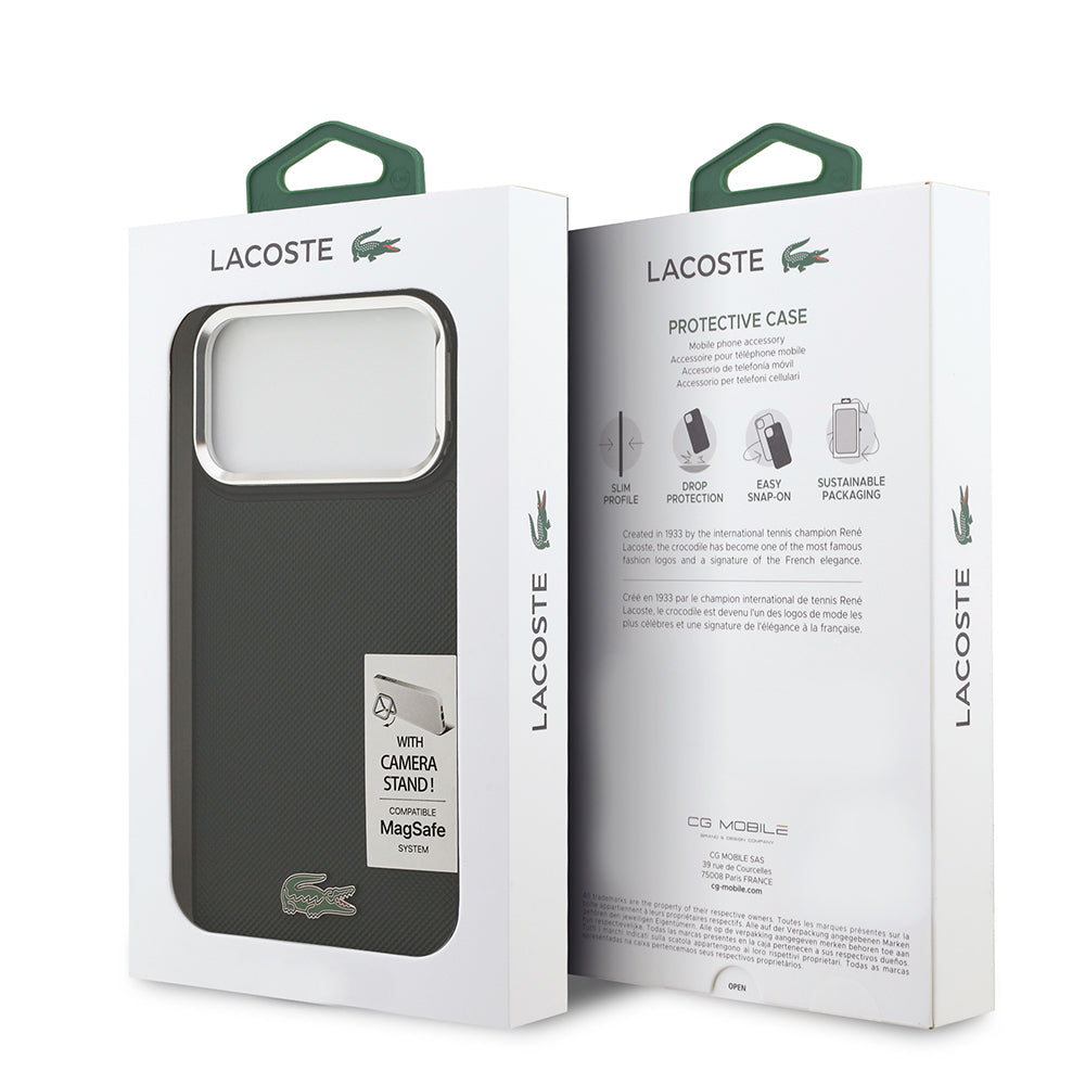 Apple iPhone 17 Pro Max Kılıf Lacoste Orjinal Lisanslı M-safe Şarj Özellikli PU Pike Desenli Standlı Metal Logolu Kapak Bej