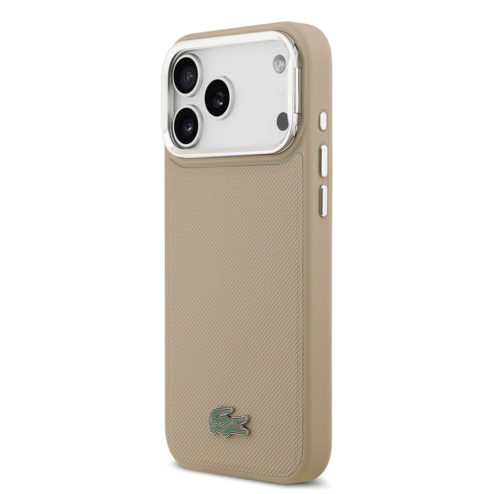 iPhone 17 Pro Max Kılıf Lacoste Orjinal Lisanslı M-safe Şarj Özellikli PU Pike Desenli Standlı Metal Logolu Kılıf