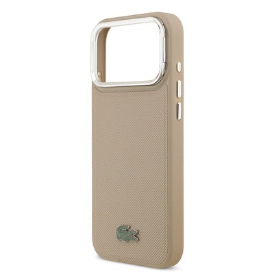 Apple iPhone 17 Pro Max Kılıf Lacoste Orjinal Lisanslı M-safe Şarj Özellikli PU Pike Desenli Standlı Metal Logolu Kapak Bej