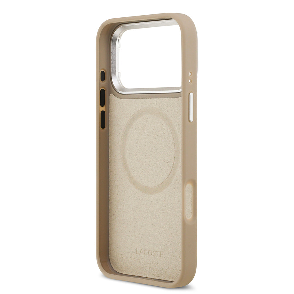 iPhone 17 Pro Max Kılıf Lacoste Orjinal Lisanslı M-safe Şarj Özellikli PU Pike Desenli Standlı Metal Logolu Kılıf