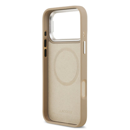 iPhone 17 Pro Max Kılıf Lacoste Orjinal Lisanslı M-safe Şarj Özellikli PU Pike Desenli Standlı Metal Logolu Kılıf