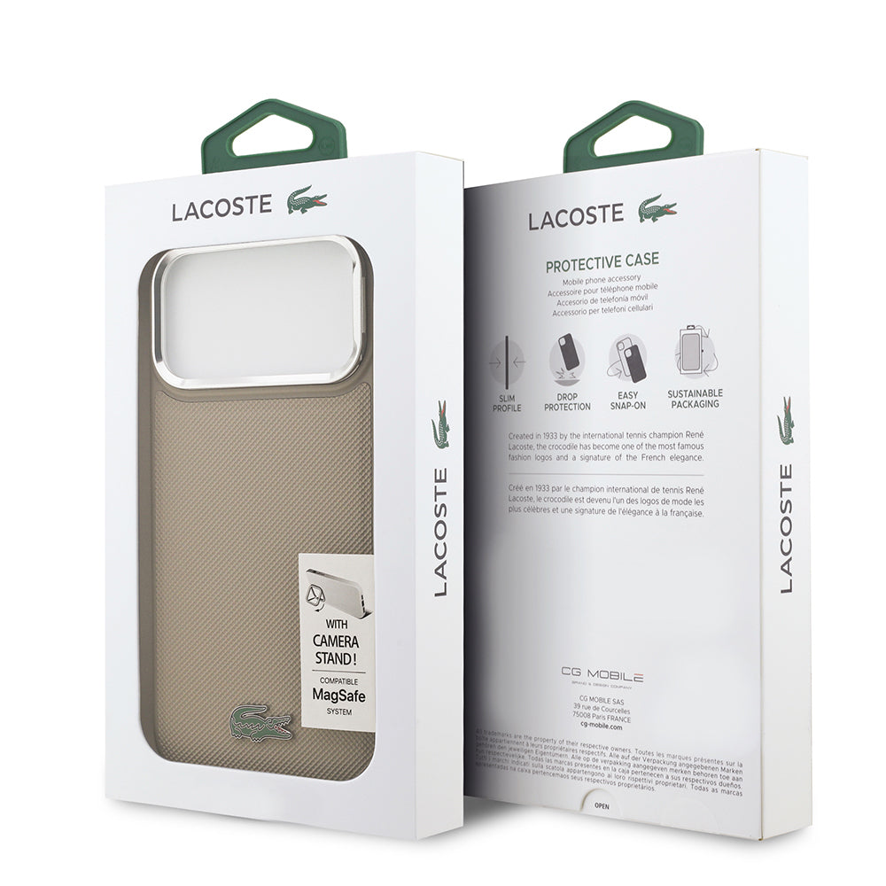 iPhone 17 Pro Max Kılıf Lacoste Orjinal Lisanslı M-safe Şarj Özellikli PU Pike Desenli Standlı Metal Logolu Kılıf