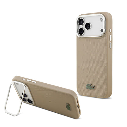 iPhone 17 Pro Max Kılıf Lacoste Orjinal Lisanslı M-safe Şarj Özellikli PU Pike Desenli Standlı Metal Logolu Kılıf