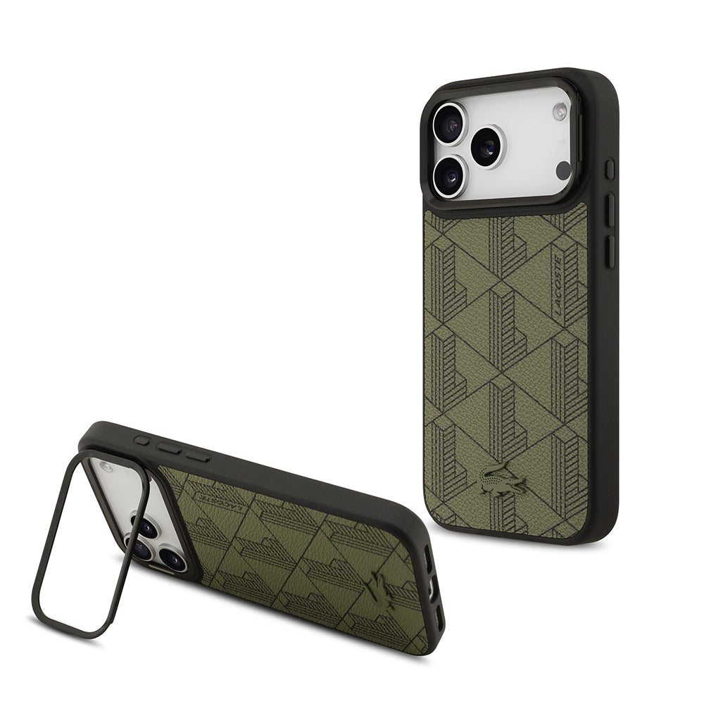 iPhone 17 Pro Max Kılıf Lacoste Orjinal Lisanslı M-safe Şarj Özellikli Standlı PU Deri Karışık Monogram Desenli Kılıf