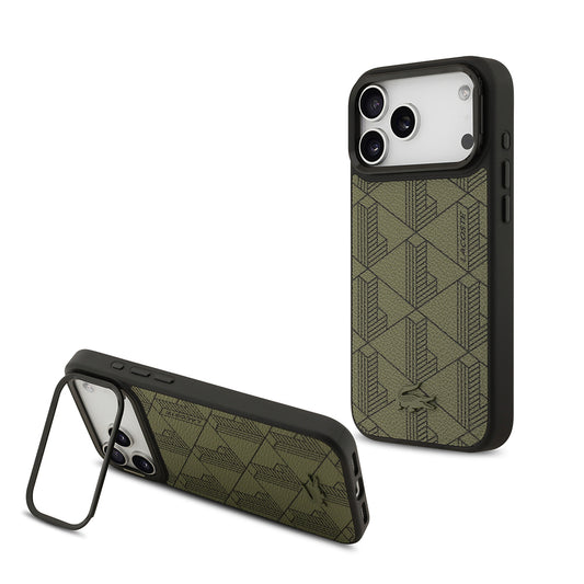 iPhone 17 Pro Max Kılıf Lacoste Orjinal Lisanslı M-safe Şarj Özellikli Standlı PU Deri Karışık Monogram Desenli Kılıf