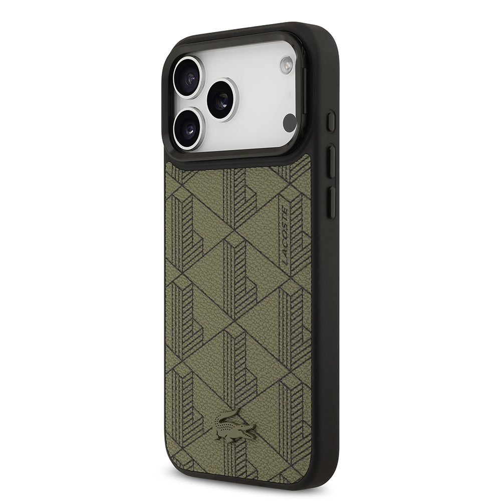 iPhone 17 Pro Max Kılıf Lacoste Orjinal Lisanslı M-safe Şarj Özellikli Standlı PU Deri Karışık Monogram Desenli Kılıf