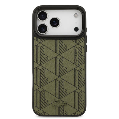 Apple iPhone 17 Pro Max Kılıf Lacoste Orjinal Lisanslı M-safe Şarj Özellikli Standlı PU Deri Karışık Monogram Desenli Kapak Yeşil