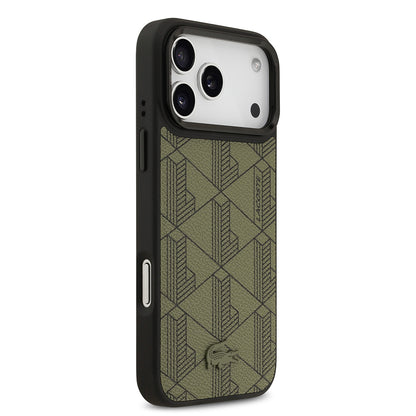 iPhone 17 Pro Max Kılıf Lacoste Orjinal Lisanslı M-safe Şarj Özellikli Standlı PU Deri Karışık Monogram Desenli Kılıf