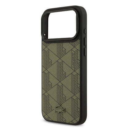 iPhone 17 Pro Max Kılıf Lacoste Orjinal Lisanslı M-safe Şarj Özellikli Standlı PU Deri Karışık Monogram Desenli Kılıf