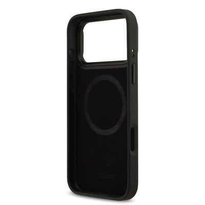 Apple iPhone 17 Pro Max Kılıf Lacoste Orjinal Lisanslı M-safe Şarj Özellikli Standlı PU Deri Karışık Monogram Desenli Kapak Yeşil