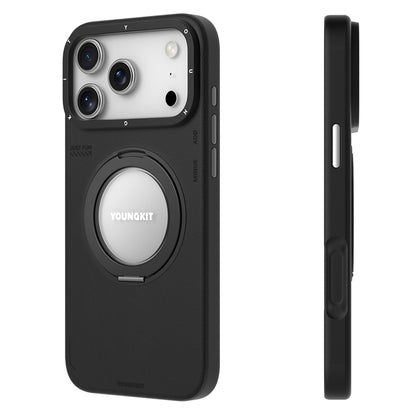 iPhone 17 Pro Max Kılıf M-safe Şarj Özellikli 360 Derece Standlı Basit Mat Deri Desenli Youngkit Tech Leather Serisi Kılıf