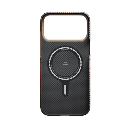 Apple iPhone 17 Pro Max Kılıf M-safe Şarj Özellikli Aramid Fiber Pitaka Tactile Woven Sunset-Moonrise Serisi Sunset Kapak Mavi
