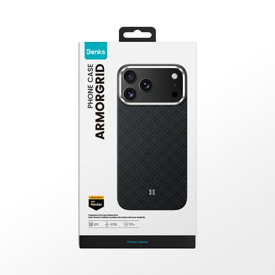 Apple iPhone 17 Pro Max Kılıf M-Safe Şarj Özellikli Benks ArmorPro ArmorGrid Serisi Kevlar Kapak Siyah