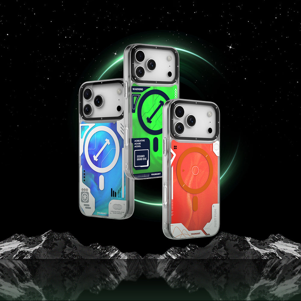 Apple iPhone 17 Pro Max Kılıf M-safe Şarj Özellikli Parlak Kumlu Sıvılı Tasarımlı Galaxy Fantasy Serisi Kapak Turuncu