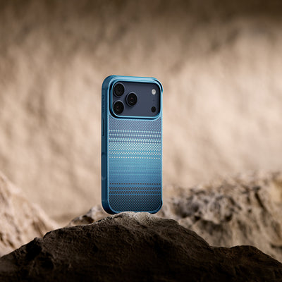 Apple iPhone 17 Pro Max Kılıf M-safe Şarj Özellikli Pitaka Tactile Woven Sunset-Moonrise Aramid Pro Guard Serisi Kapak Mavi