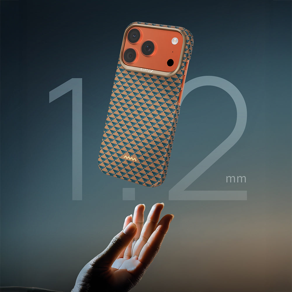 Apple iPhone 17 Pro Max Kılıf M-safe Şarj Özellikli Raptic Aramid Skin Origin Serisi Kapak Gold-Mavi