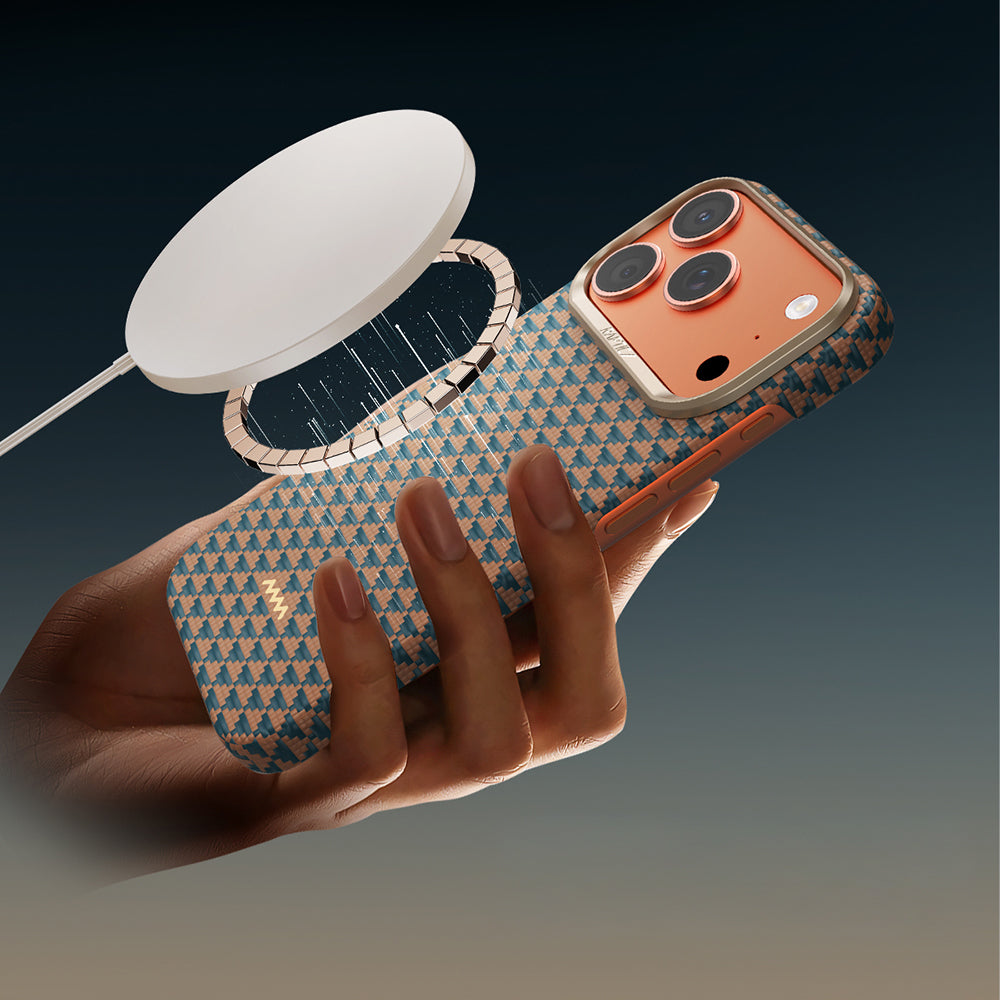 Apple iPhone 17 Pro Max Kılıf M-safe Şarj Özellikli Raptic Aramid Skin Origin Serisi Kapak Gold-Mavi