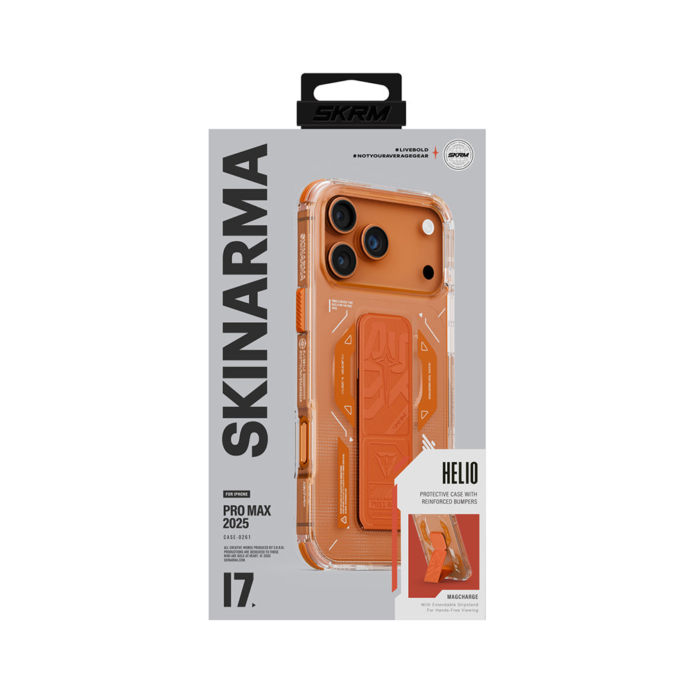 Apple iPhone 17 Pro Max Kılıf M-safe Şarj Özellikli Teknoloji Desenli Skinarma Helio Mag Charge Standlı Kapak Turuncu