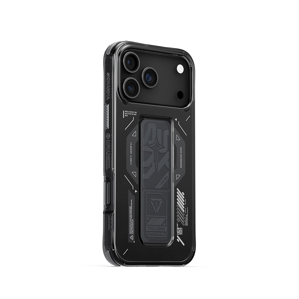 Apple iPhone 17 Pro Max Kılıf M-safe Şarj Özellikli Teknoloji Desenli Skinarma Helio Mag Charge Standlı Kapak Turuncu