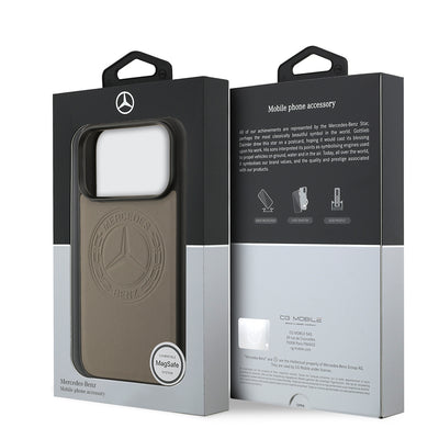 Apple iPhone 17 Pro Max Kılıf Mercedes Benz Orjinal Lisanslı M-safe Şarj Özellikli Hakiki Deri Nostaljik Yıldız Dizayn Kapak Kahverengi