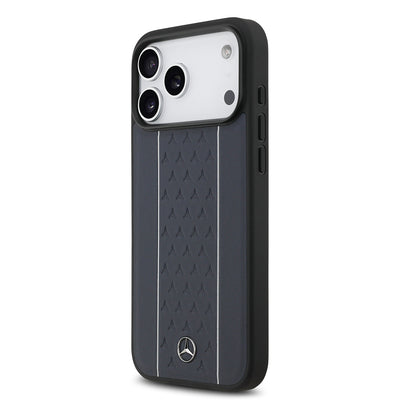 Apple iPhone 17 Pro Max Kılıf Mercedes Benz Orjinal Lisanslı M-safe Şarj Özellikli Şeritli Yıldız Desenli Metal Logolu Deri Kapak Lacivert