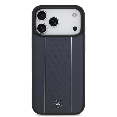 Apple iPhone 17 Pro Max Kılıf Mercedes Benz Orjinal Lisanslı M-safe Şarj Özellikli Şeritli Yıldız Desenli Metal Logolu Deri Kapak Lacivert