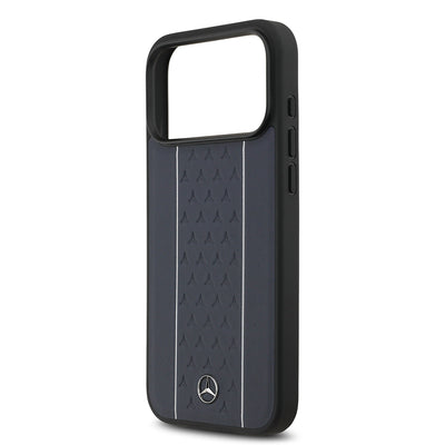 Apple iPhone 17 Pro Max Kılıf Mercedes Benz Orjinal Lisanslı M-safe Şarj Özellikli Şeritli Yıldız Desenli Metal Logolu Deri Kapak Lacivert