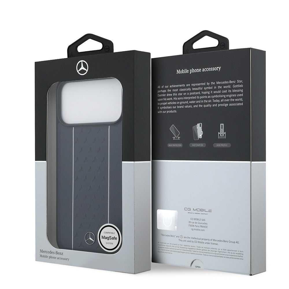 iPhone 17 Pro Max Kılıf Mercedes Benz Orjinal Lisanslı M-safe Şarj Özellikli Şeritli Yıldız Desenli Metal Logolu Deri Kılıf