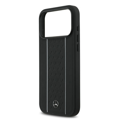 Apple iPhone 17 Pro Max Kılıf Mercedes Benz Orjinal Lisanslı M-safe Şarj Özellikli Şeritli Yıldız Desenli Metal Logolu Deri Kapak Siyah
