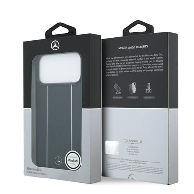 Apple iPhone 17 Pro Max Kılıf Mercedes Benz Orjinal Lisanslı M-safe Şarj Özellikli Şeritli Yıldız Desenli Metal Logolu Deri Kapak Siyah