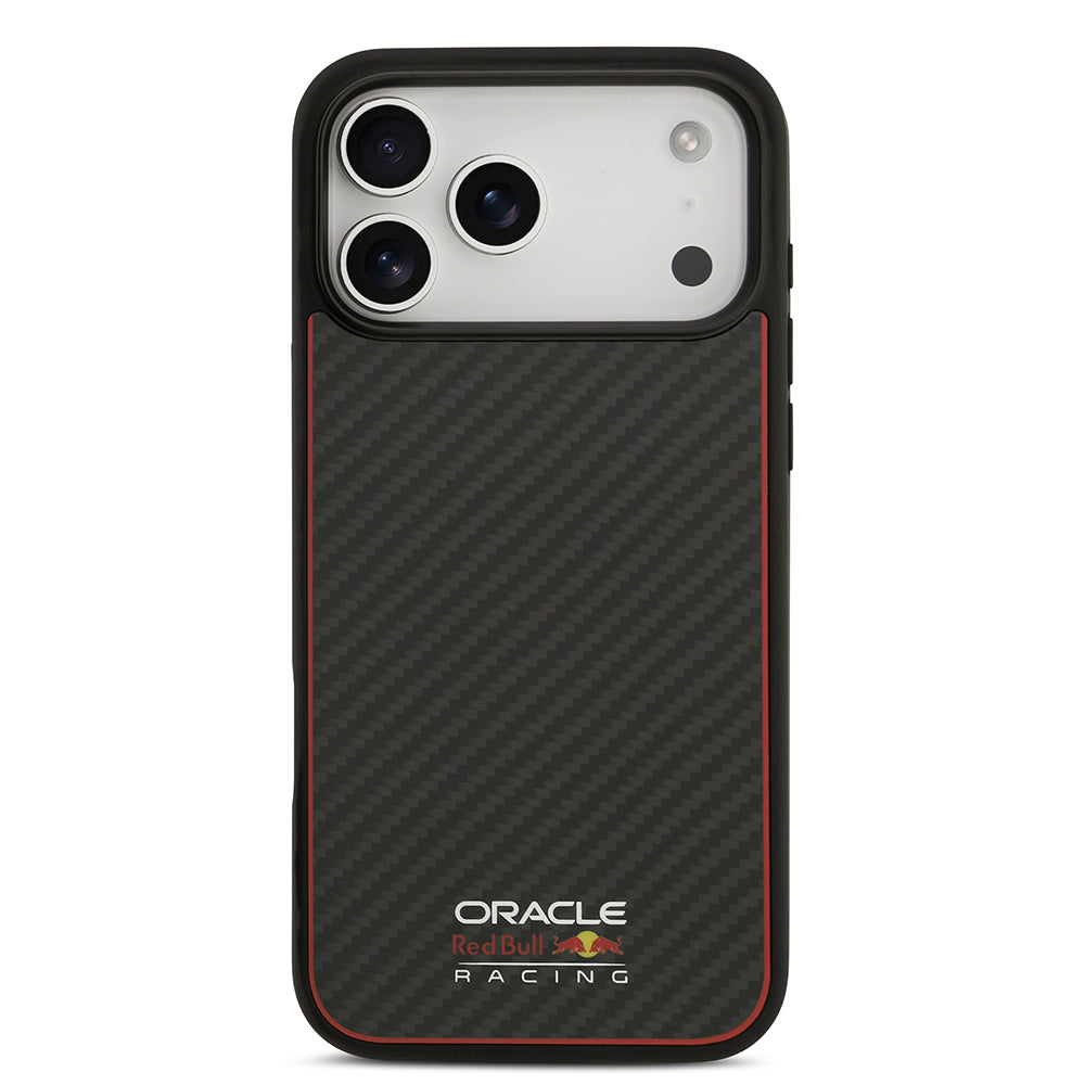 Apple iPhone 17 Pro Max Kılıf Redbull Orjinal Lisanslı M-safe Şarj Özellikli Karbon Fiber Parlayan Logolu Kevlar Kapak Siyah