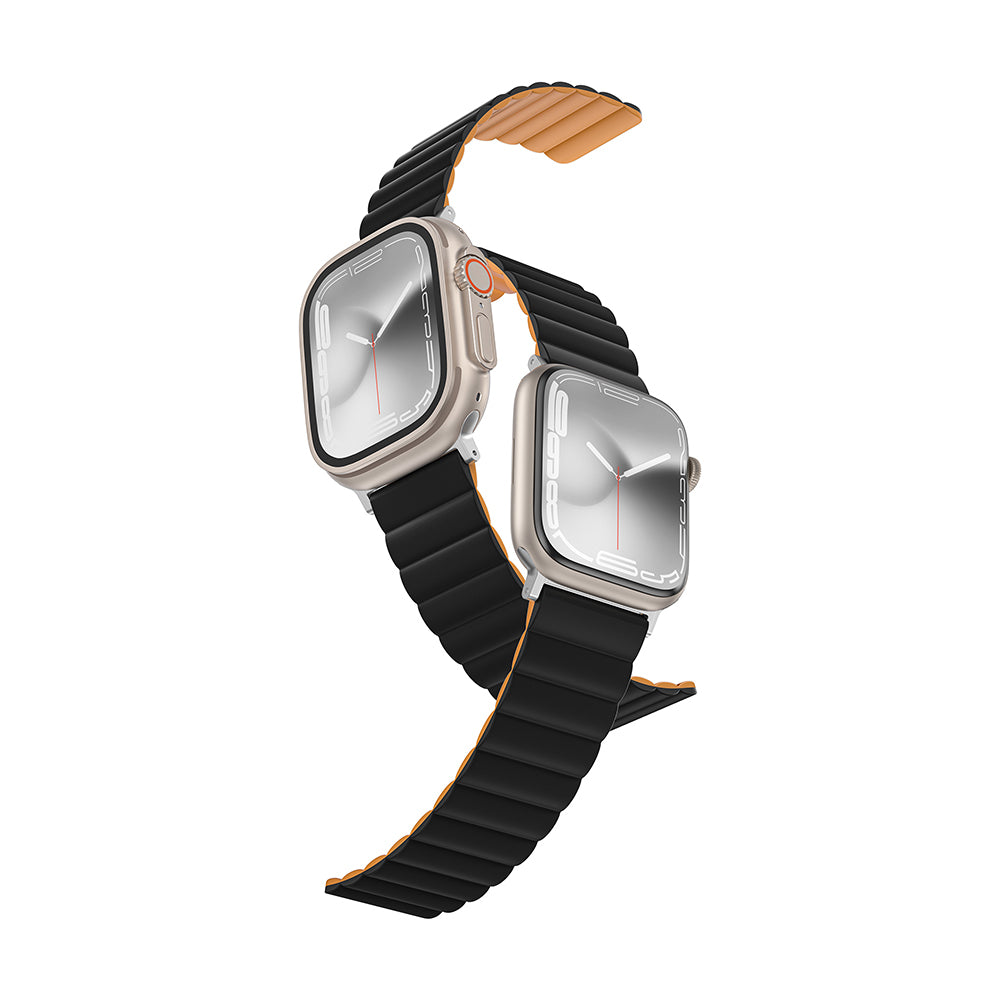 Apple Watch 10 46mm Amazingthing Smoothie Mag Magnetik Tak Çıkar Silikon Strap Kayış Siyah-Turuncu