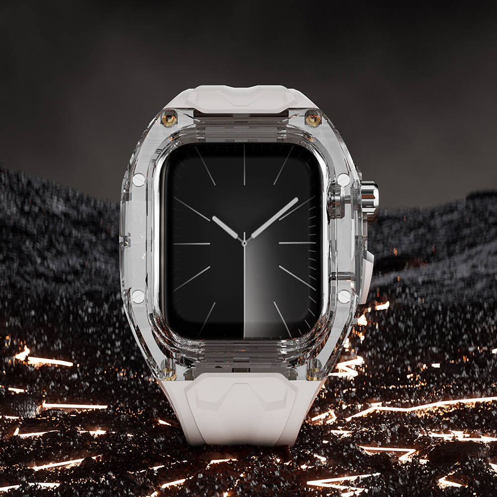 Apple Watch 42mm Wiwu Wi-WB013 Rambo Serisi 2in1 Şeffaf PC Kasa Koruyuculu Kauçuk Kordon Beyaz