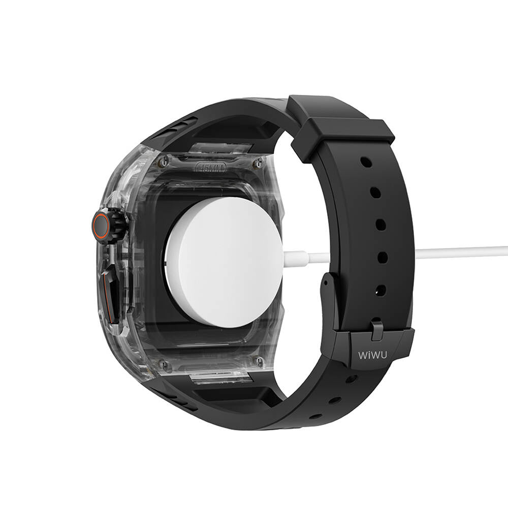 Apple Watch 44mm Wiwu Wi-WB013 Rambo Serisi 2in1 Şeffaf PC Kasa Koruyuculu Kauçuk Kordon Beyaz