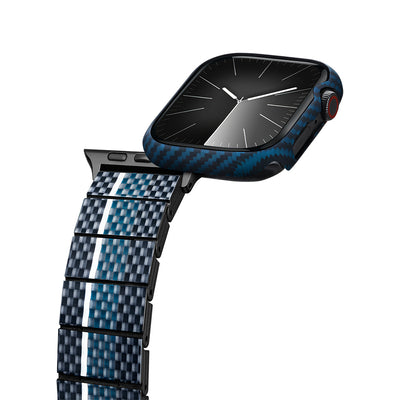 Apple Watch 7 45mm 600D Aramid Fiber Classic Serisi Black-Blue Twill Kasa Koruyucu Pitaka Air Case Siyah-Mavi