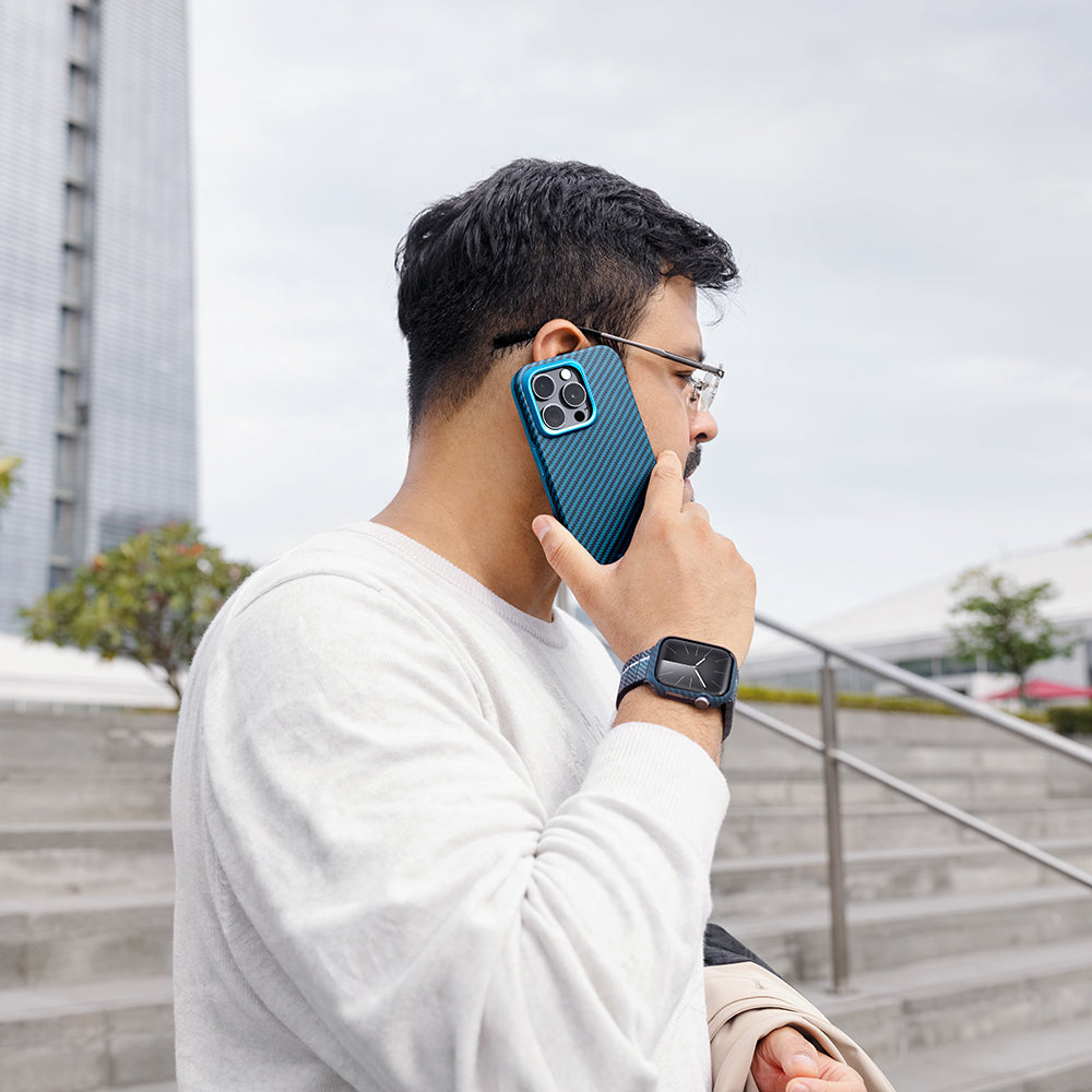 Apple Watch 7 45mm 600D Aramid Fiber Classic Serisi Black-Blue Twill Kasa Koruyucu Pitaka Air Case