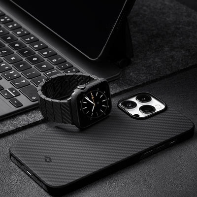 Apple Watch 7 45mm 600D Aramid Fiber Classic Serisi Black-Grey Twill Kasa Koruyucu Pitaka Air Case Siyah-Gri